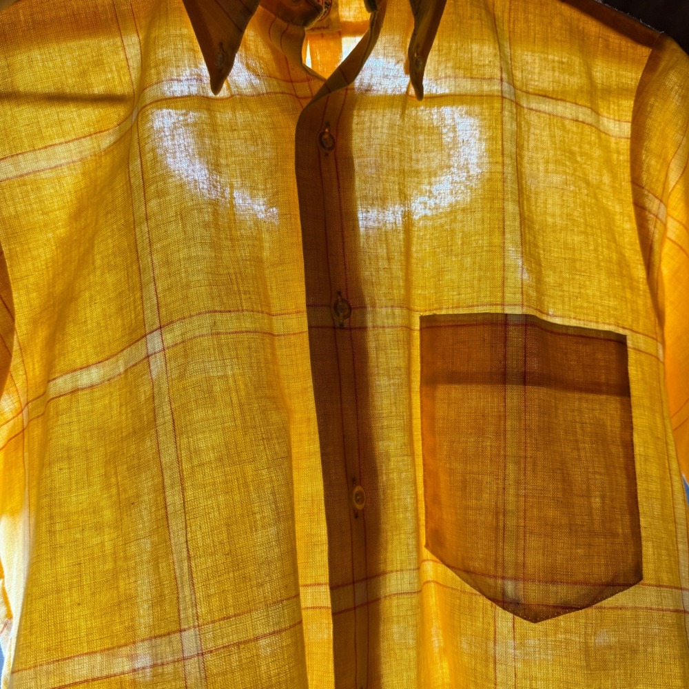 Vintage 70s Donegal Shirt Mens S Yellow Plaid Sheer Short Sleeve Button Down